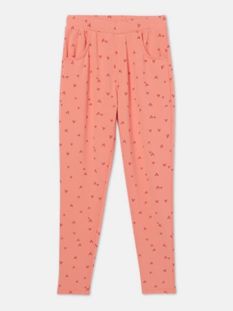 Girl's Super Combed Cotton Elastane French Terry Slim Fit Printed Jeggings with Side Pockets - Burnt Coral Print