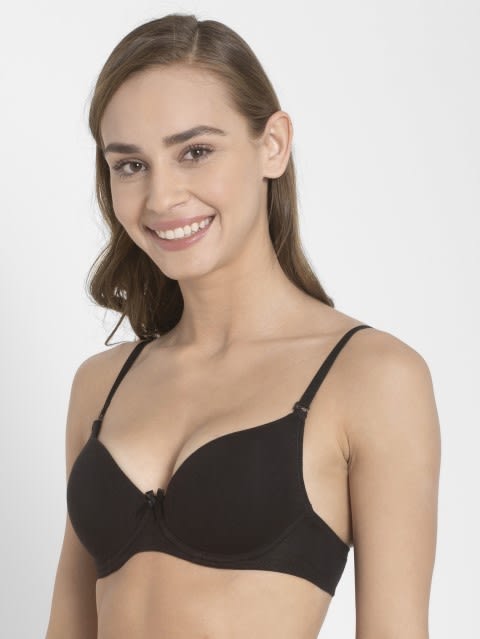 Women's Under-Wired Padded Super Combed Cotton Elastane Stretch Medium Coverage Multiway Styling T-Shirt Bra with Detachable Straps - Black