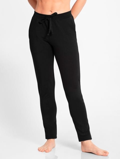 Women's Super Combed Cotton Elastane Stretch Slim Fit Trackpants With Side Pockets - Black