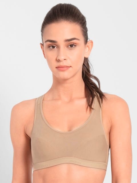 Women's Wirefree Padded Super Combed Cotton Elastane Stretch Full Coverage Racer Back Active Bra with Stay Fresh and Moisture Move Treatment - Dark Skin