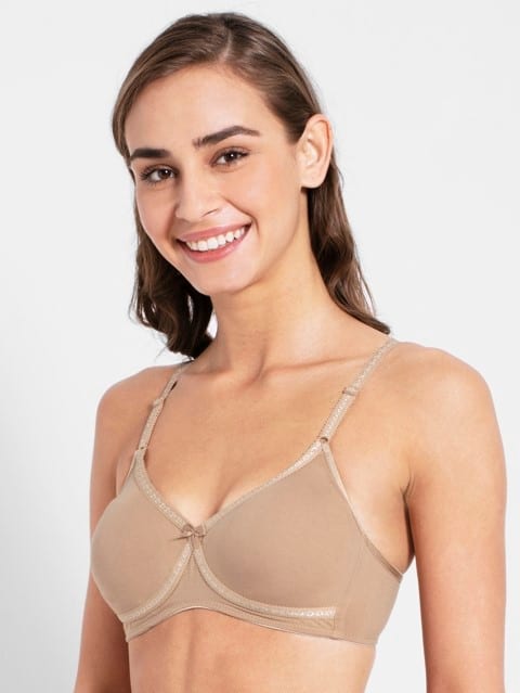 Women's Wirefree Non Padded Super Combed Cotton Elastane Stretch Medium Coverage Cross Over Styling with Adjustable Straps - Skin