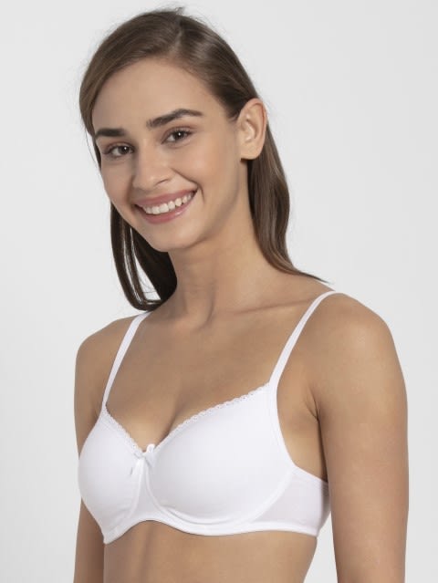 Women's Wirefree Padded Super Combed Cotton Elastane Stretch Medium Coverage Lace Styling T-Shirt Bra with Adjustable Straps - White