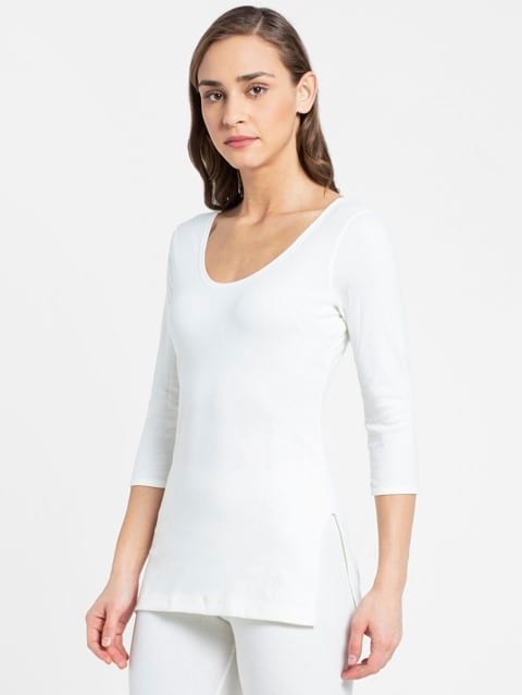 Women's Super Combed Cotton Rich Three Quarter Sleeve Thermal Top with Stay Warm Technology - Off White