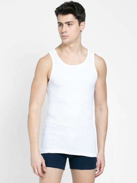 Men's Super Combed Cotton Rib Round Neck Sleeveless Vest with Stay Fresh Properties - White(Pack of 2)