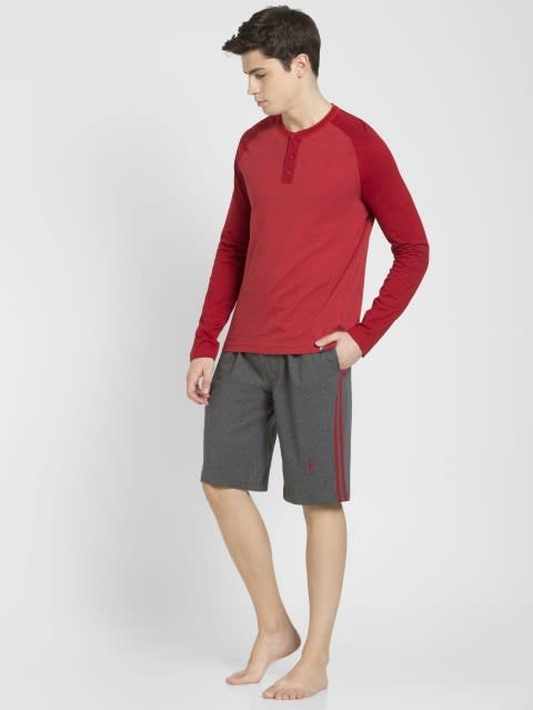 Men's Super Combed Cotton Rich Regular Fit Solid Shorts with Side Pockets - Charcoal Melange & Shanghai Red