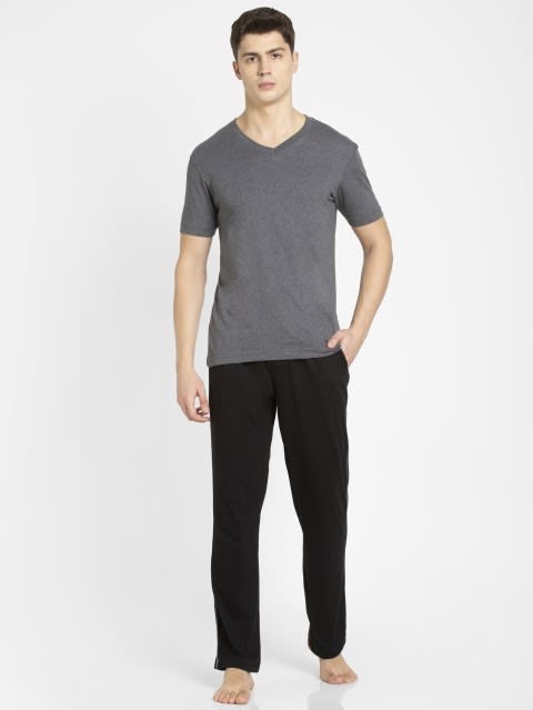 Men's Super Combed Cotton Rich Regular Fit Trackpants with Side Pockets - Black & Grey Melange