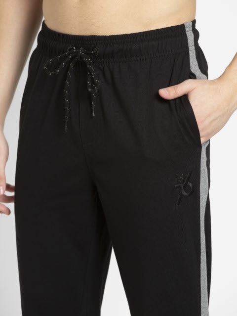 Men's Super Combed Cotton Rich Straight Fit Trackpants with Side and Back Pockets - Black & Grey Melange
