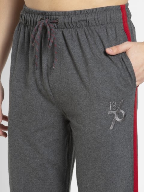 Men's Super Combed Cotton Rich Straight Fit Trackpants with Side and Back Pockets - Charcoal Melange & Shanghai Red