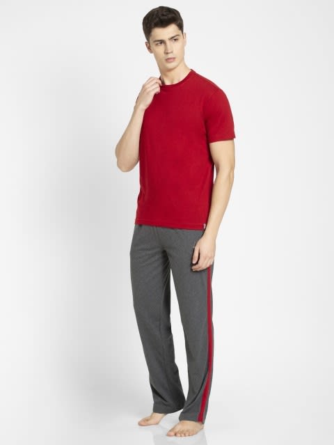 Men's Super Combed Cotton Rich Straight Fit Trackpants with Side and Back Pockets - Charcoal Melange & Shanghai Red