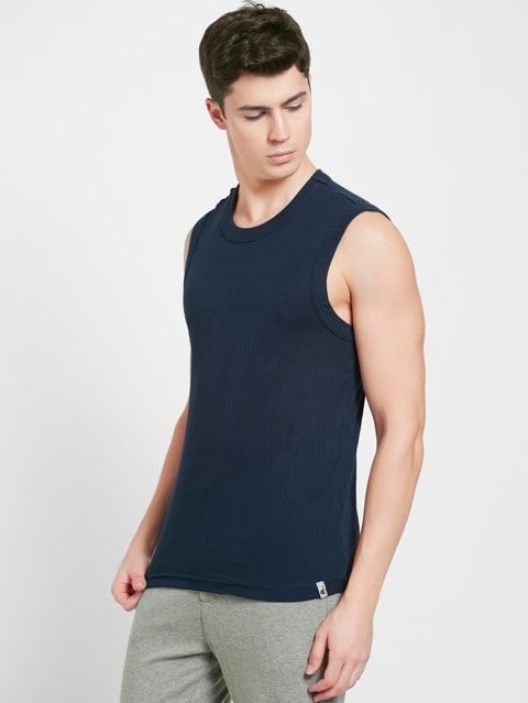 Men's Super Combed Cotton Rib Solid Round Neck Muscle Vest - Navy