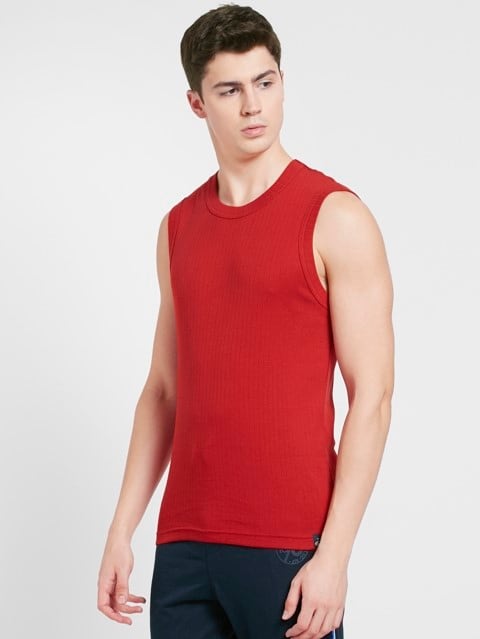 Men's Super Combed Cotton Rib Solid Round Neck Muscle Vest - Shanghai Red