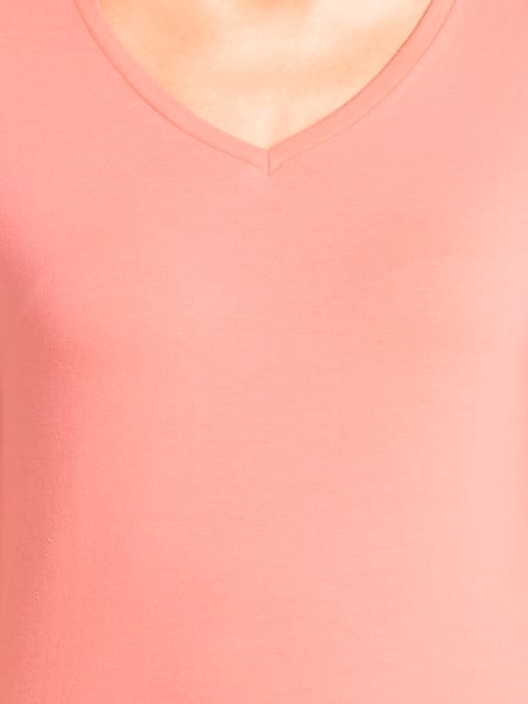 Women's Super Combed Cotton Elastane Stretch Regular Fit Solid V Neck Half Sleeve T-Shirt - Blush Pink
