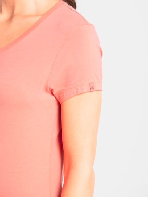 Women's Super Combed Cotton Elastane Stretch Regular Fit Solid V Neck Half Sleeve T-Shirt - Blush Pink