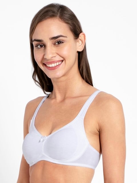 Women's Wirefree Non Padded Super Combed Cotton Elastane Stretch Full Coverage Everyday Bra with Contoured Shaper Panel and Adjustable Straps - White
