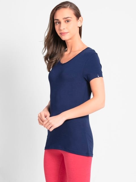 Women's Super Combed Cotton Elastane Stretch Regular Fit Solid V Neck Half Sleeve T-Shirt - Imperial Blue