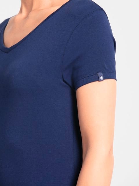 Women's Super Combed Cotton Elastane Stretch Regular Fit Solid V Neck Half Sleeve T-Shirt - Imperial Blue