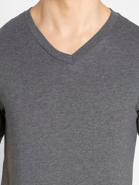 Men's Super Combed Cotton Rich Solid V Neck Half Sleeve T-Shirt - Charcoal Melange