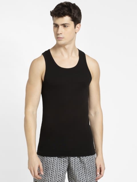 Men's Super Combed Cotton Rib Round Neck Sleeveless Vest with Extended Length for Easy Tuck - Black & Neon Blue