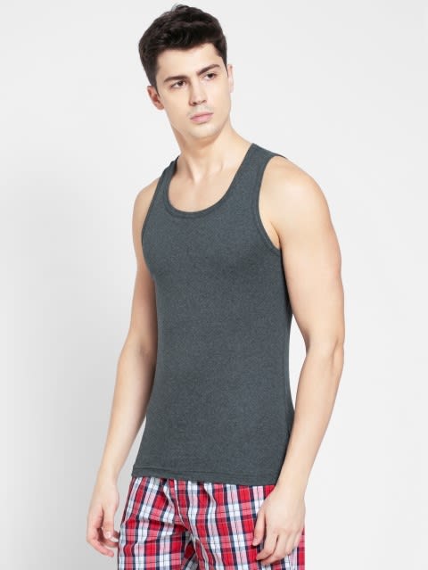 Men's Super Combed Cotton Rib Round Neck Sleeveless Vest with Extended Length for Easy Tuck - Charcoal Melange & Neon Orange