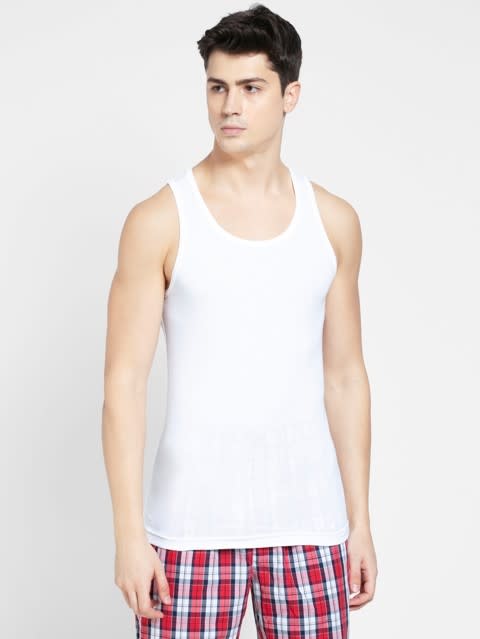 Men's Super Combed Cotton Rib Round Neck Sleeveless Vest with Extended Length for Easy Tuck - White & Neon Blue
