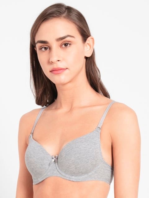 Women's Under-Wired Padded Super Combed Cotton Elastane Stretch Medium Coverage Multiway Styling T-Shirt Bra with Detachable Straps - Light Grey Melange