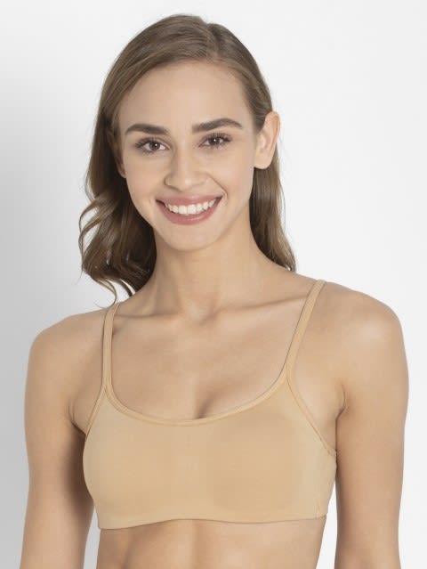 Women's Wirefree Non Padded Super Combed Cotton Elastane Stretch Full Coverage Beginners Bra with Adjustable Straps - Dark Skin