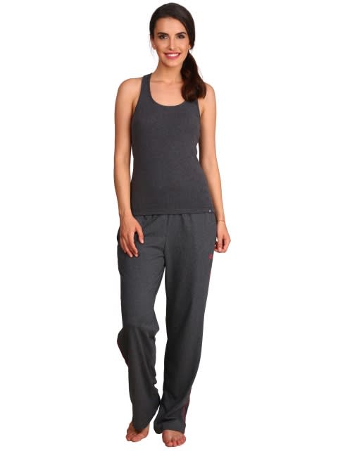 Women's Super Combed Cotton Rich Relaxed Fit Trackpants With Contrast Side Piping and Pockets - Charcoal Melange
