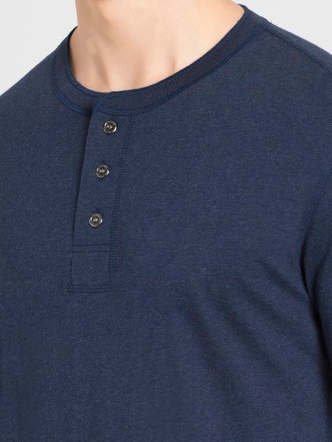 Men's Super Combed Cotton Rich Solid Full Sleeve Henley T-Shirt - Ink Blue Melange