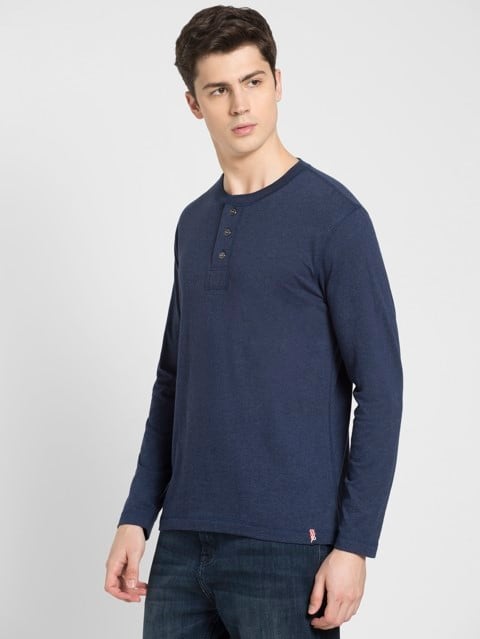 Men's Super Combed Cotton Rich Solid Full Sleeve Henley T-Shirt - Ink Blue Melange