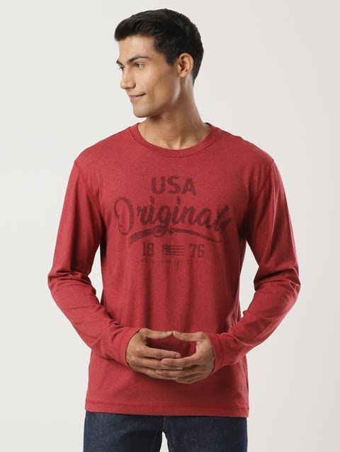 Men's Super Combed Cotton Rich Solid Round Neck Full Sleeve T-Shirt - Red Melange
