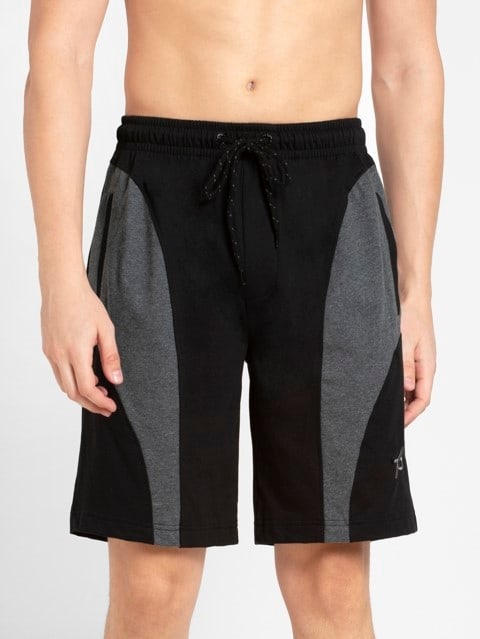 Men's Super Combed Cotton Rich Straight Fit Solid Shorts with Side Pockets - Black & Charcoal Melange