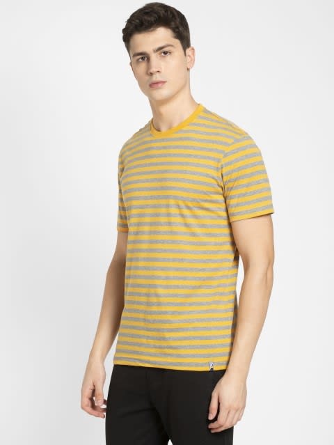 Men's Super Combed Cotton Rich Striped Round Neck Half Sleeve T-Shirt - Burnt Gold & Grey