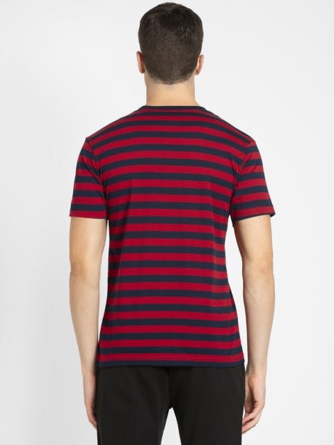 Men's Super Combed Cotton Rich Striped Round Neck Half Sleeve T-Shirt - Navy & Shanghai Red