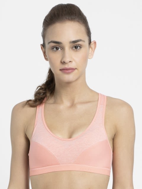 Women's Wirefree Padded Super Combed Cotton Elastane Stretch Full Coverage Racer Back Active Bra with Stay Fresh and Moisture Move Treatment - Desert Flower
