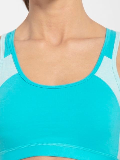 Women's Wirefree Padded Super Combed Cotton Elastane Stretch Full Coverage Racer Back Styling Active Bra with Stay Fresh and Moisture Move Treatment - Teal & Mint Melange