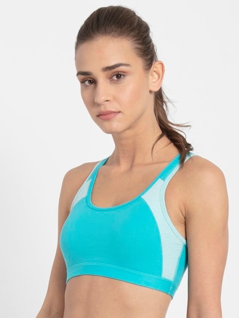 Women's Wirefree Padded Super Combed Cotton Elastane Stretch Full Coverage Racer Back Styling Active Bra with Stay Fresh and Moisture Move Treatment - Teal & Mint Melange
