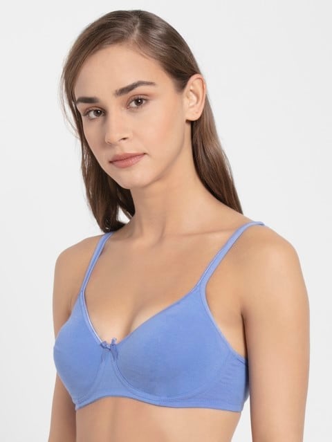 Women's Wirefree Non Padded Super Combed Cotton Elastane Stretch Medium Coverage Everyday Bra with Concealed Shaper Panel and Adjustable Straps - Iris Blue