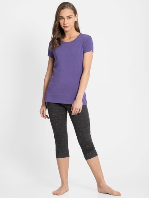 Women's Super Combed Cotton Elastane Stretch Regular Fit Solid Round Neck Half Sleeve T-Shirt - Cyber Grape Melange