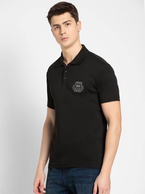 Men's Super Combed Cotton Rich Solid Half Sleeve Polo T-Shirt - Black