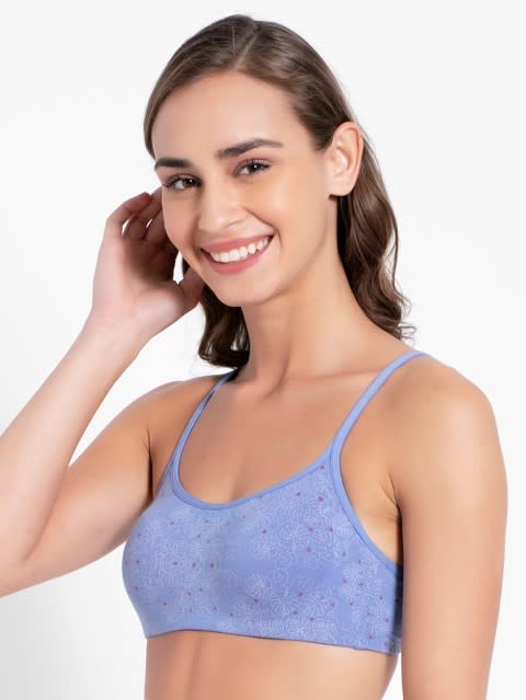 Women's Wirefree Non Padded Super Combed Cotton Elastane Stretch Printed Full Coverage Beginners Bra with Adjustable Straps - Iris Blue