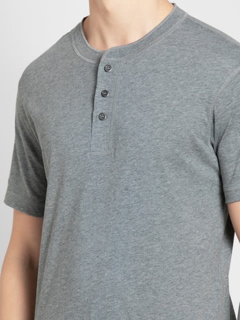 Grey Melange Henley Half Sleeve T-Shirt