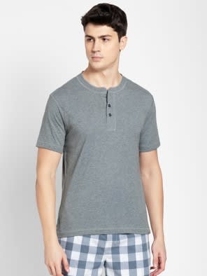 Grey Melange Henley Half Sleeve T-Shirt