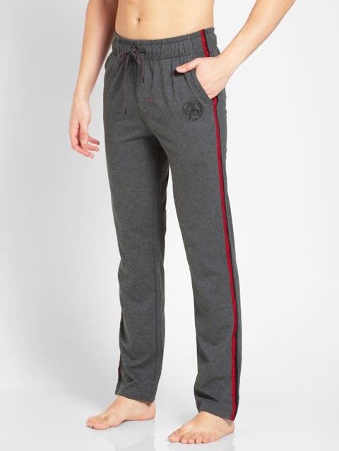 Men's Super Combed Cotton Rich Slim Fit Trackpants with Side and Back Pockets - Charcoal Melange & Neon Blue