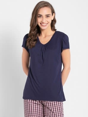 Micro Modal Cotton V Neck T-Shirt with Lace Trim On Sleeves