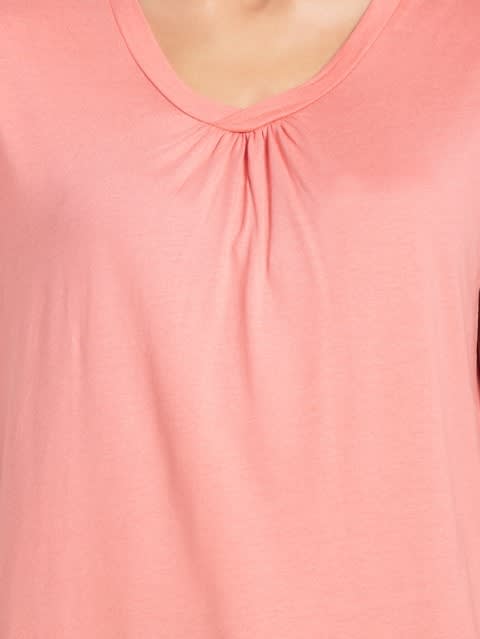 Women's Micro Modal Cotton Relaxed Fit Solid V Neck Half Sleeve T-Shirt with Lace Trim On Sleeves - Peach Blossom