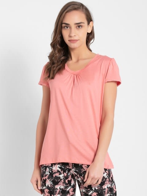 Women's Micro Modal Cotton Relaxed Fit Solid V Neck Half Sleeve T-Shirt with Lace Trim On Sleeves - Peach Blossom