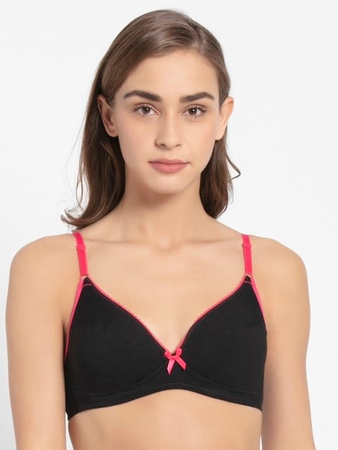 Women's Wirefree Non Padded Super Combed Cotton Elastane Stretch Medium Coverage with Adjustable Straps - Black & Ruby
