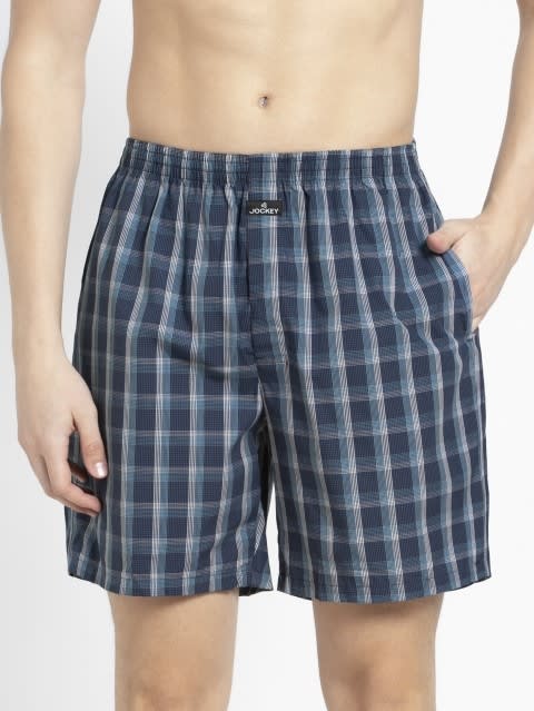 Men's Super Combed Mercerized Cotton Woven Checkered Boxer Shorts with Side Pocket - Multi Color Check(Pack of 2)