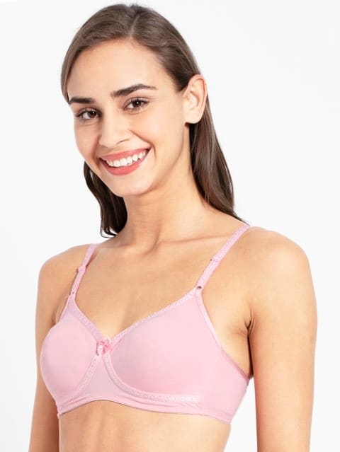 Women's Wirefree Non Padded Super Combed Cotton Elastane Stretch Medium Coverage Cross Over Styling with Adjustable Straps - Candy Pink