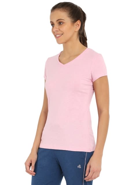 Women's Super Combed Cotton Elastane Stretch Regular Fit Solid V Neck Half Sleeve T-Shirt - Pink Lady Melange